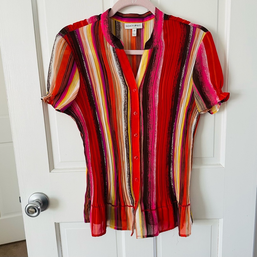 Y2K Fashion Bug Multicolor Striped Stretch Pleated Button Down Blouse Size M